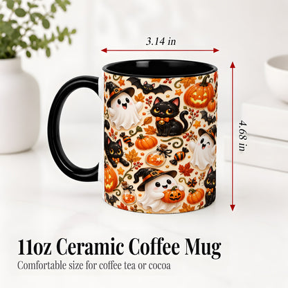 #pl[11oz|Black] Cute Halloween Cat Ghost Accent Mug, Mug with Pumpkin Pattern