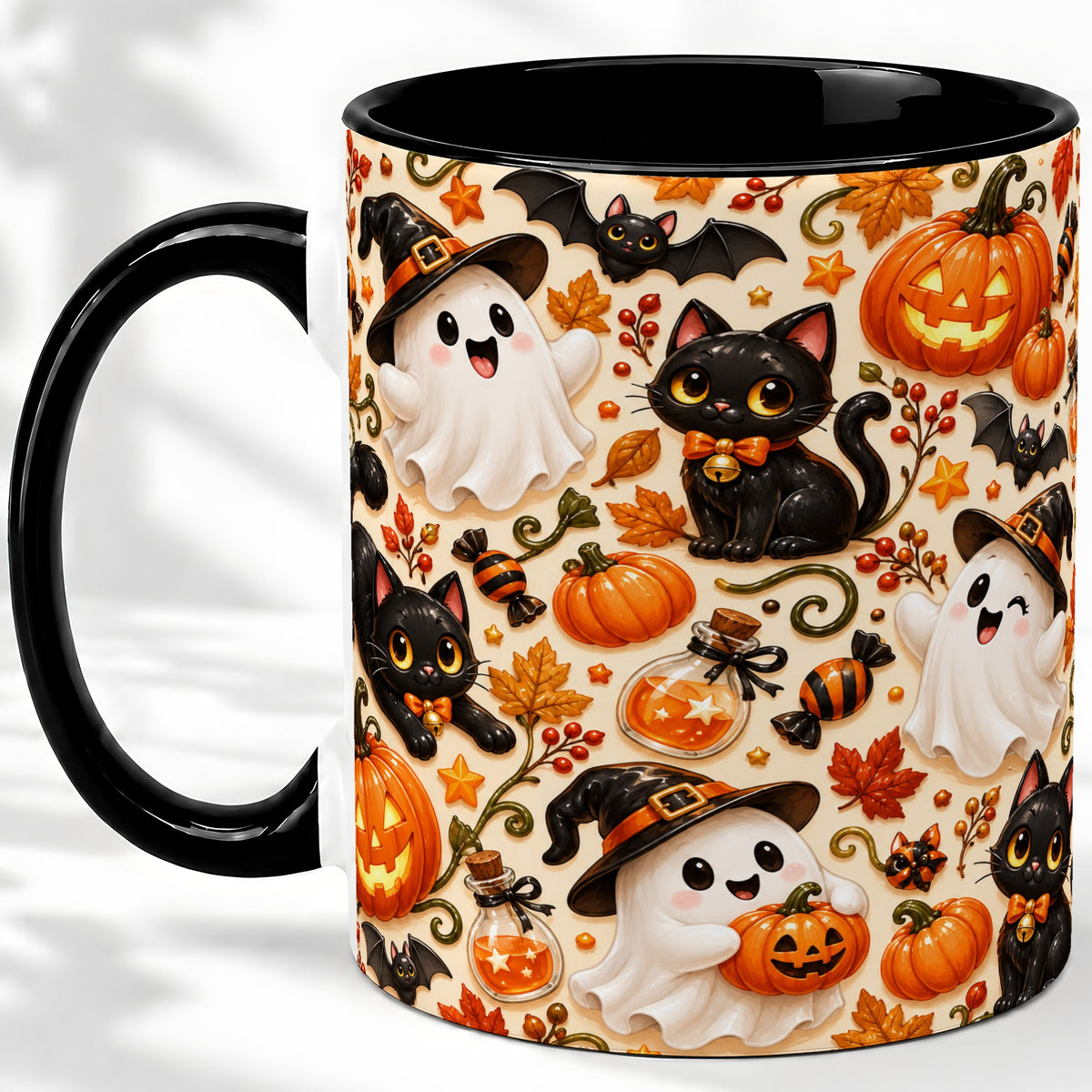 #pl[11oz|Black] Cute Halloween Cat Ghost Accent Mug, Mug with Pumpkin Pattern