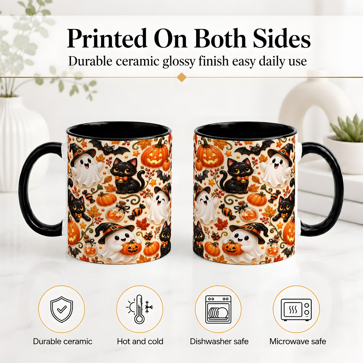 #pl[11oz|Black] Cute Halloween Cat Ghost Accent Mug, Mug with Pumpkin Pattern
