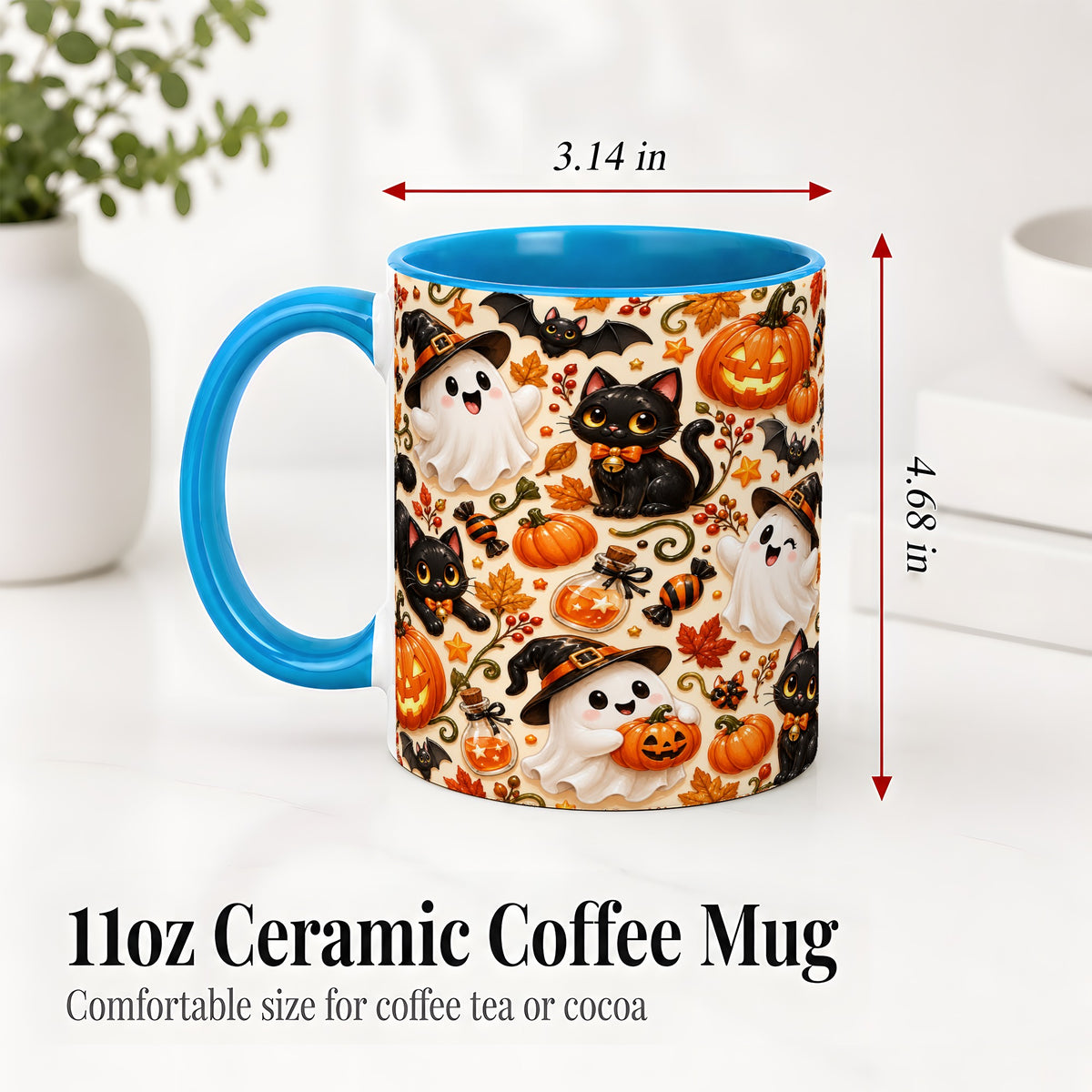 #pl[11oz|Blue] Cute Halloween Cat Ghost Accent Mug, Mug with Pumpkin Pattern