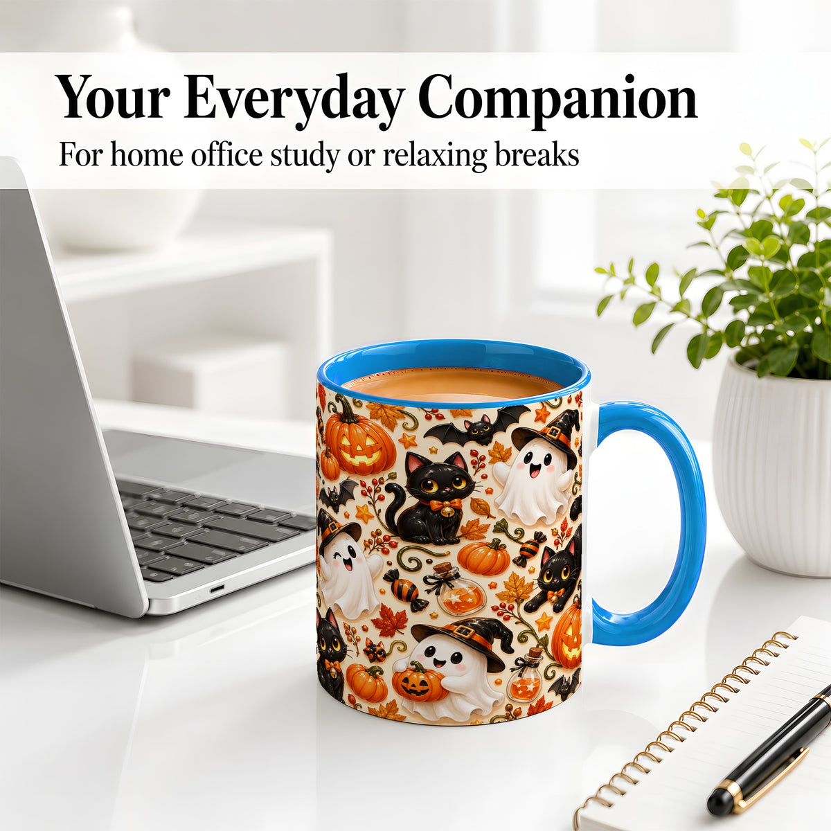 #pl[11oz|Blue] Cute Halloween Cat Ghost Accent Mug, Mug with Pumpkin Pattern