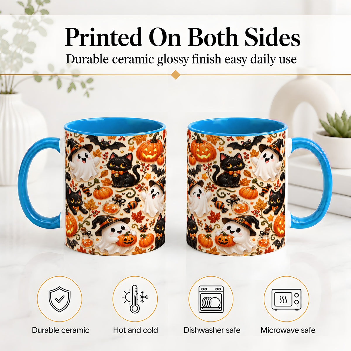 #pl[11oz|Blue] Cute Halloween Cat Ghost Accent Mug, Mug with Pumpkin Pattern