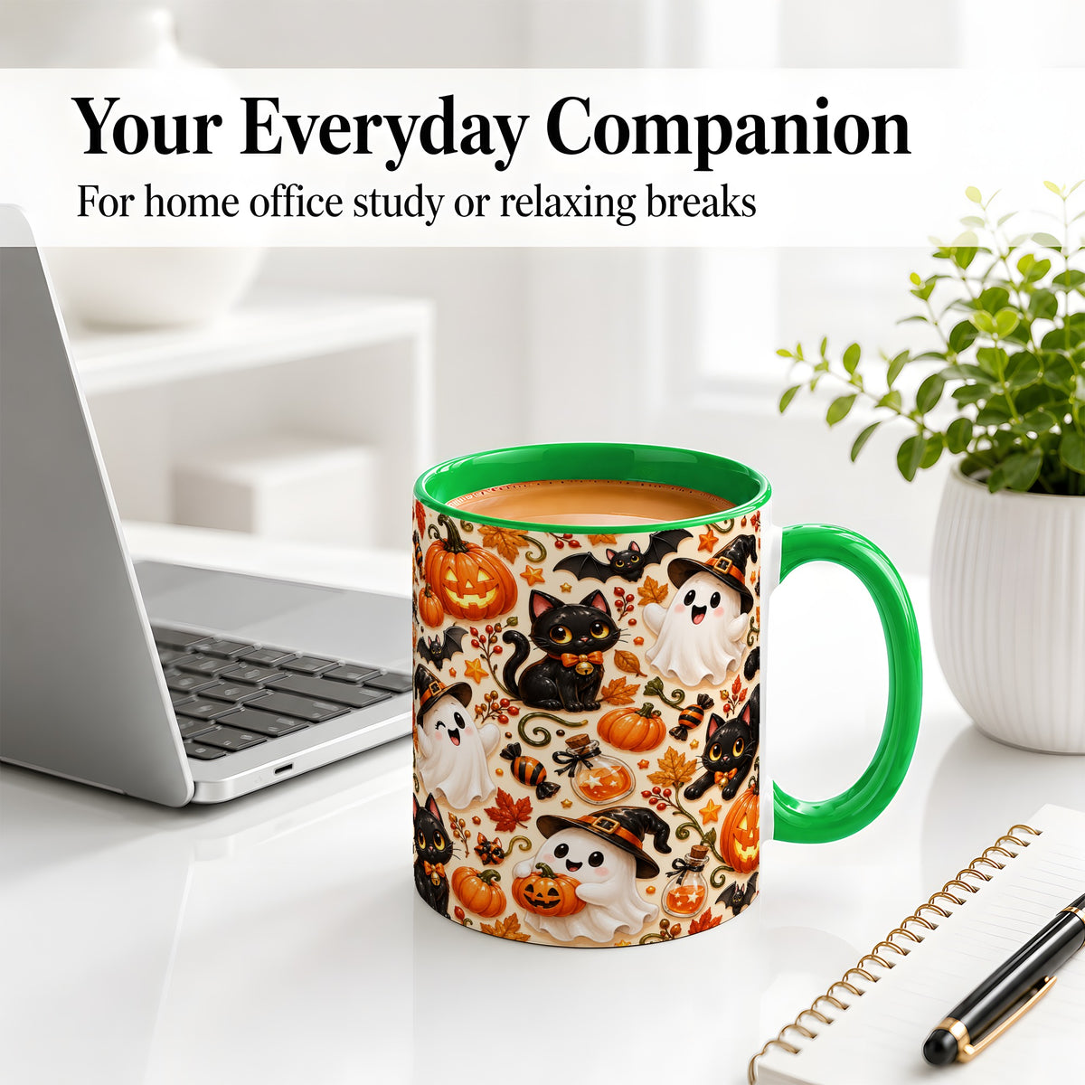 #pl[11oz|Green] Cute Halloween Cat Ghost Accent Mug, Mug with Pumpkin Pattern