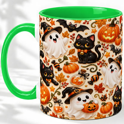 #pl[11oz|Green] Cute Halloween Cat Ghost Accent Mug, Mug with Pumpkin Pattern