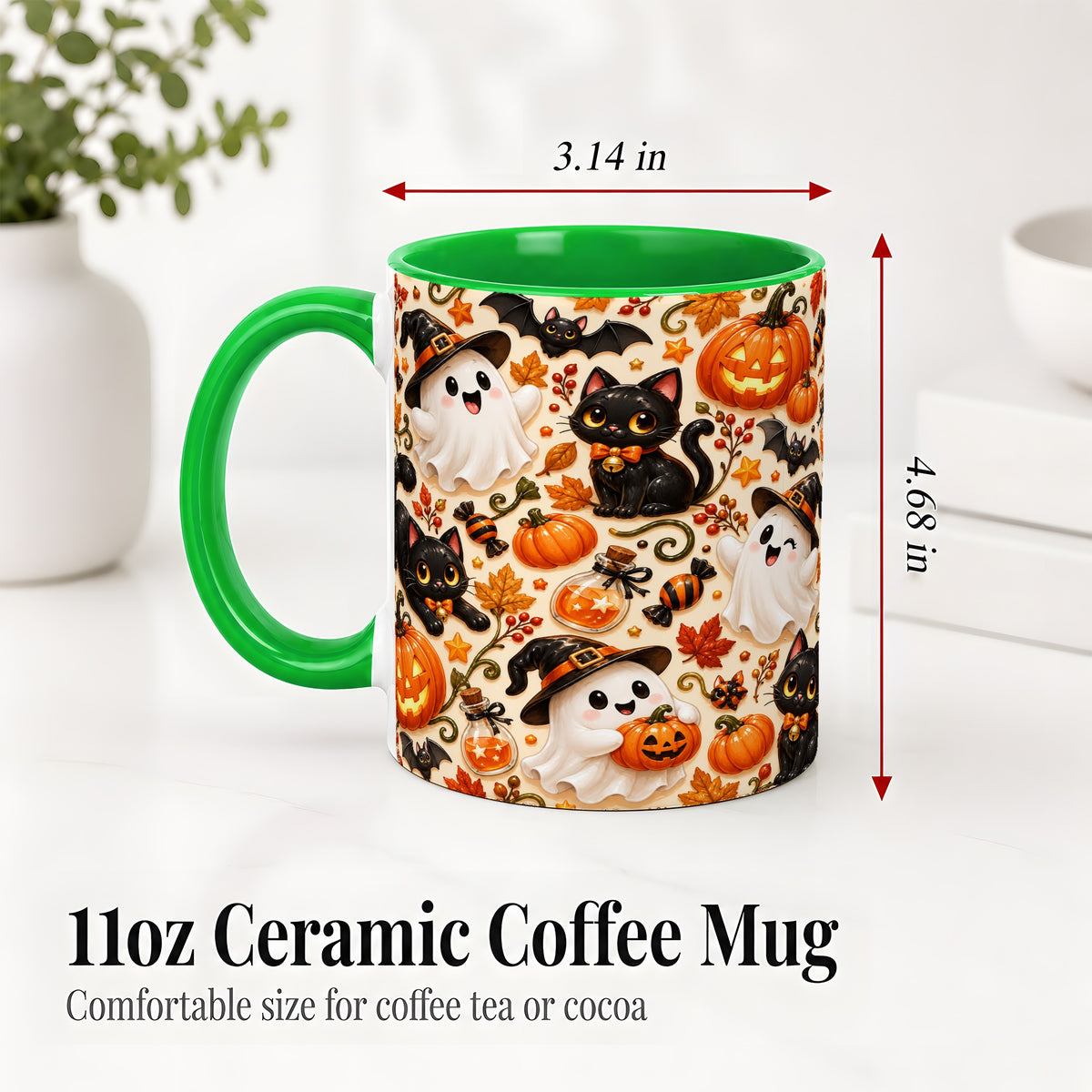 #pl[11oz|Green] Cute Halloween Cat Ghost Accent Mug, Mug with Pumpkin Pattern