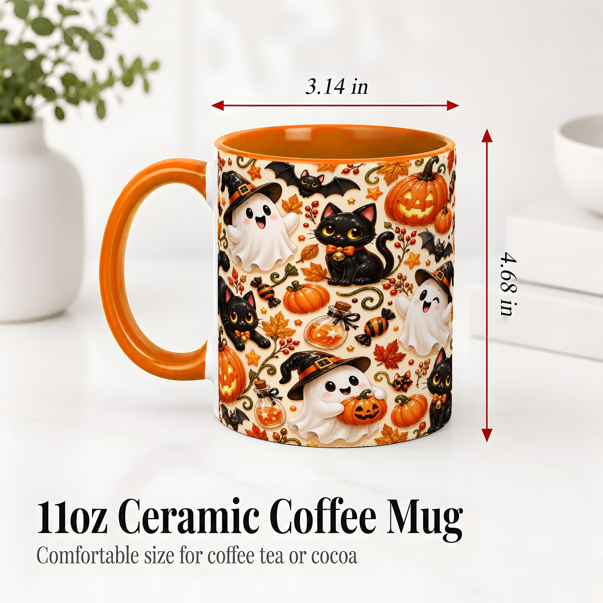 #pl[11oz|Orange] Cute Halloween Cat Ghost Accent Mug, Mug with Pumpkin Pattern