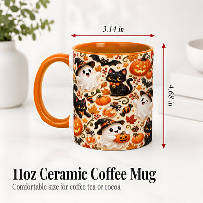 #pl[11oz|Orange] Cute Halloween Cat Ghost Accent Mug, Mug with Pumpkin Pattern