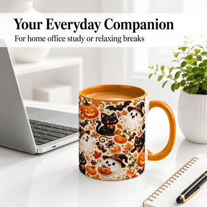 #pl[11oz|Orange] Cute Halloween Cat Ghost Accent Mug, Mug with Pumpkin Pattern
