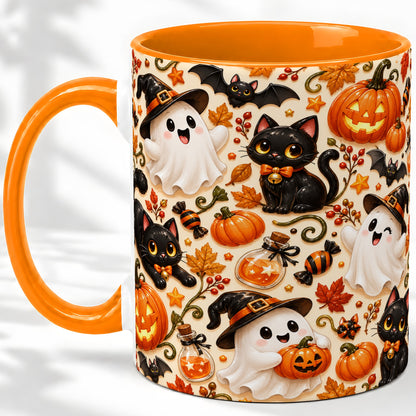 #pl[11oz|Orange] Cute Halloween Cat Ghost Accent Mug, Mug with Pumpkin Pattern