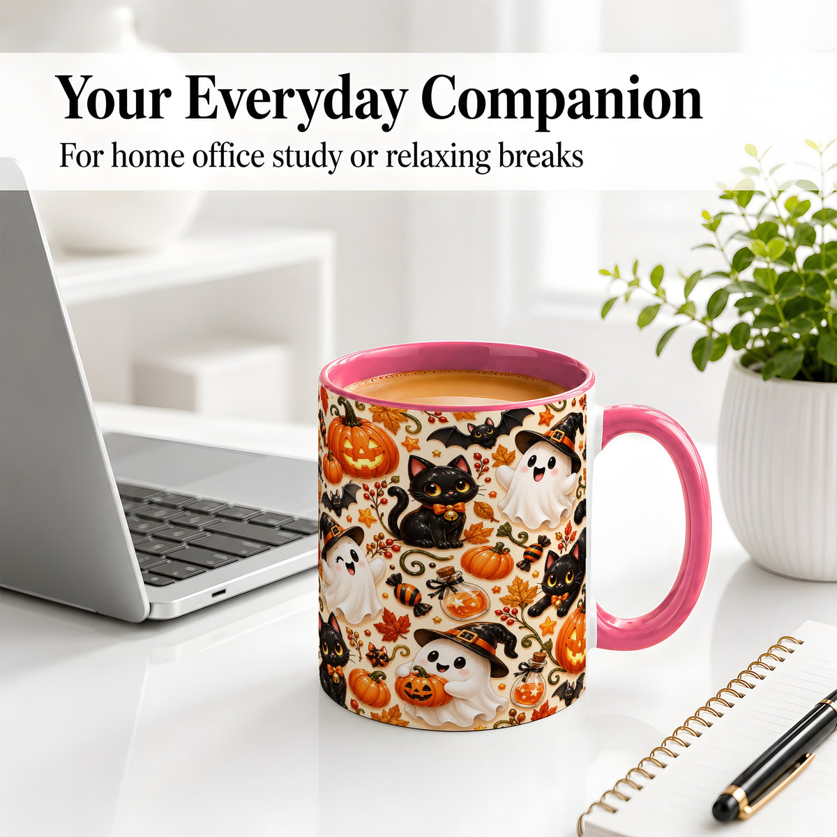 #pl[11oz|Pink] Cute Halloween Cat Ghost Accent Mug, Mug with Pumpkin Pattern