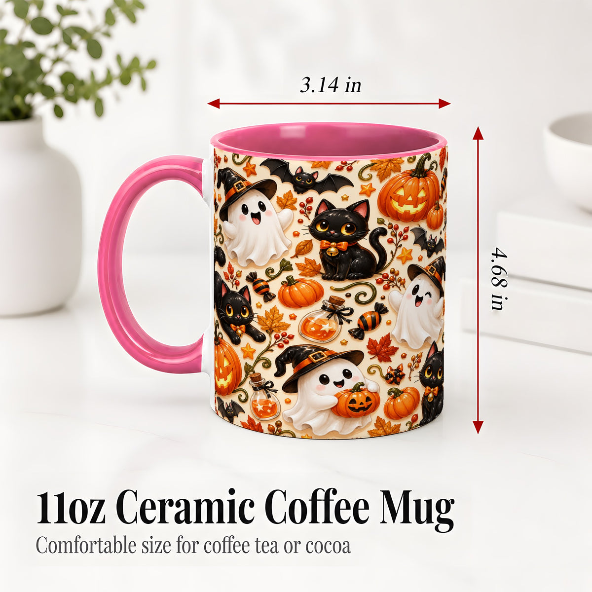 #pl[11oz|Pink] Cute Halloween Cat Ghost Accent Mug, Mug with Pumpkin Pattern
