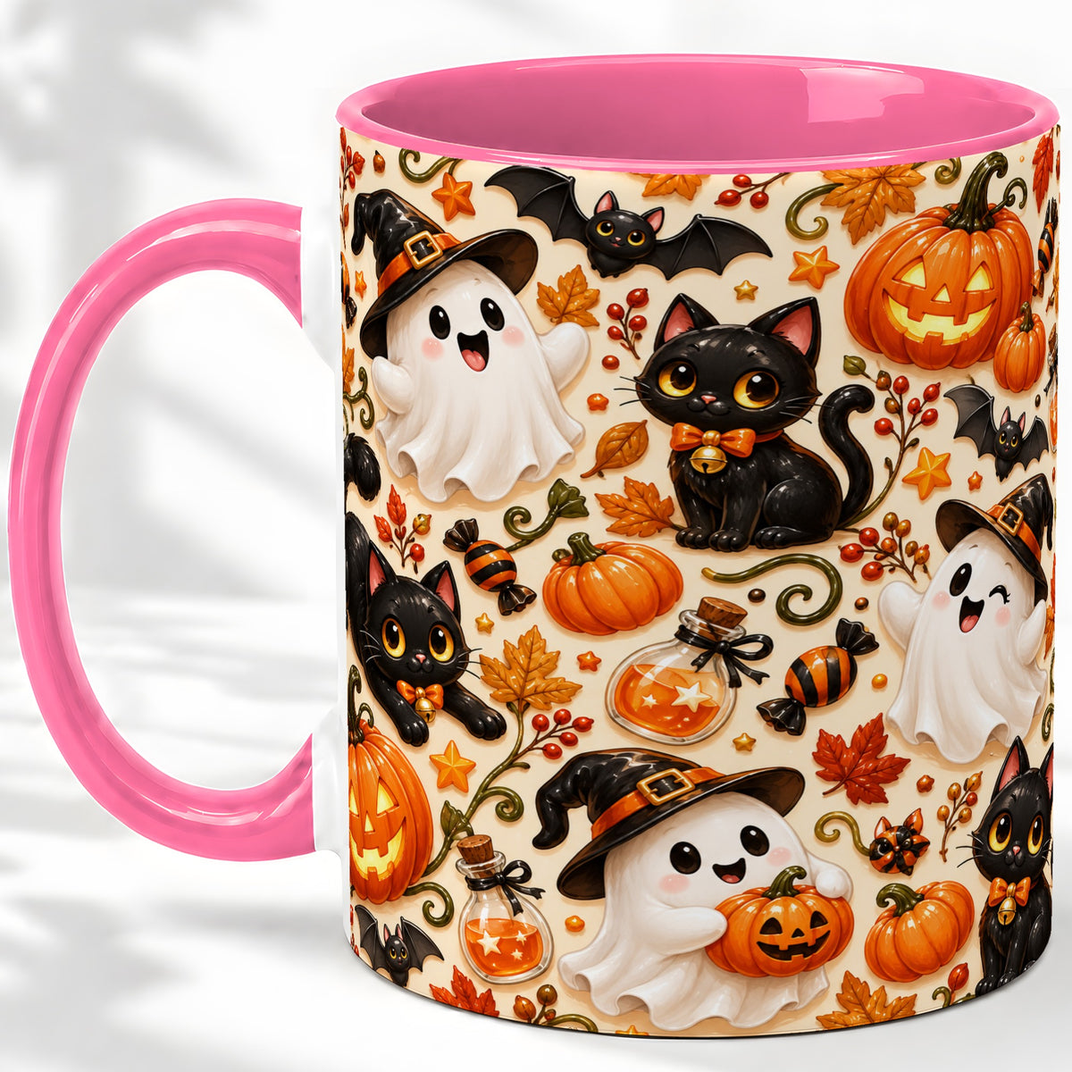 #pl[11oz|Pink] Cute Halloween Cat Ghost Accent Mug, Mug with Pumpkin Pattern
