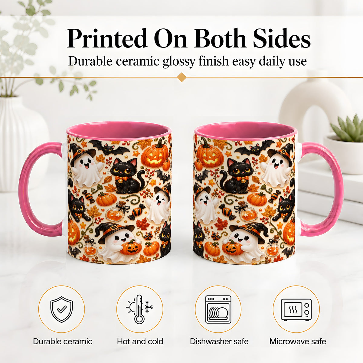 #pl[11oz|Pink] Cute Halloween Cat Ghost Accent Mug, Mug with Pumpkin Pattern