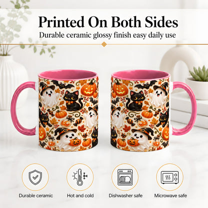 #pl[11oz|Pink] Cute Halloween Cat Ghost Accent Mug, Mug with Pumpkin Pattern