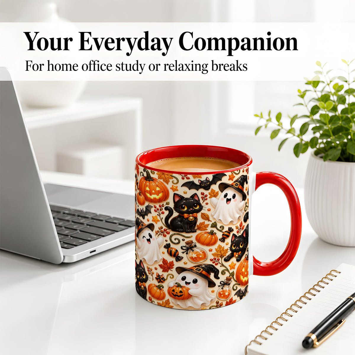 #pl[11oz|Red] Cute Halloween Cat Ghost Accent Mug, Mug with Pumpkin Pattern