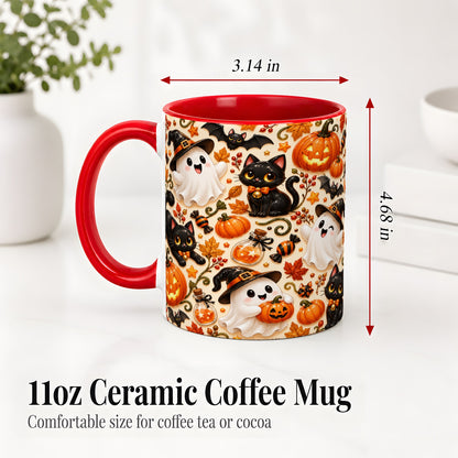 #pl[11oz|Red] Cute Halloween Cat Ghost Accent Mug, Mug with Pumpkin Pattern
