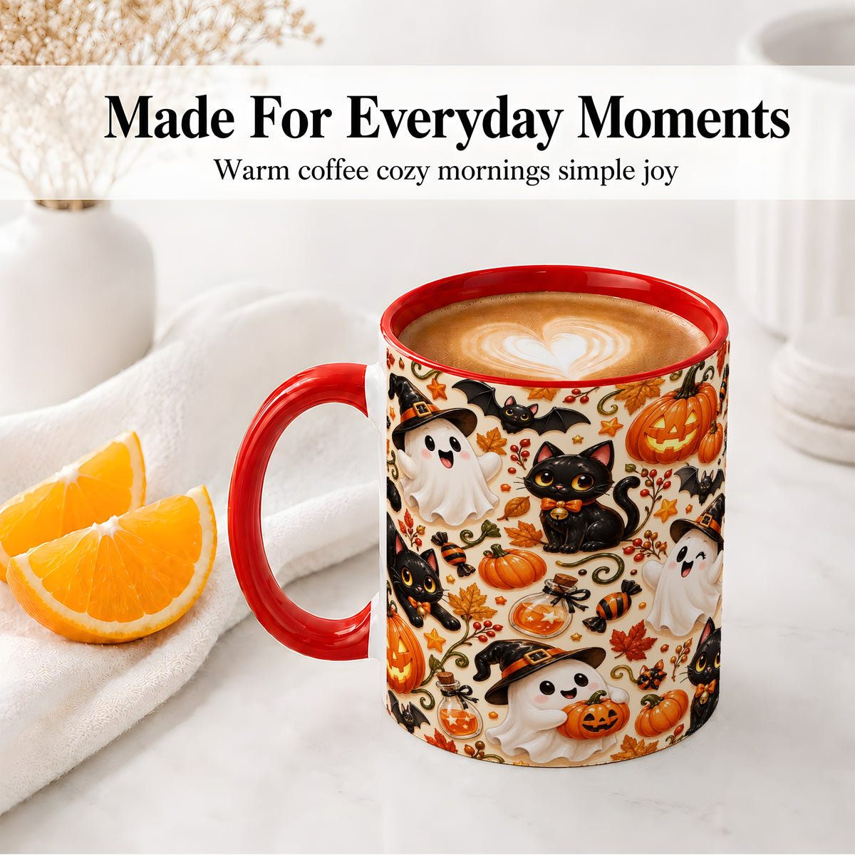 #pl[11oz|Red] Cute Halloween Cat Ghost Accent Mug, Mug with Pumpkin Pattern