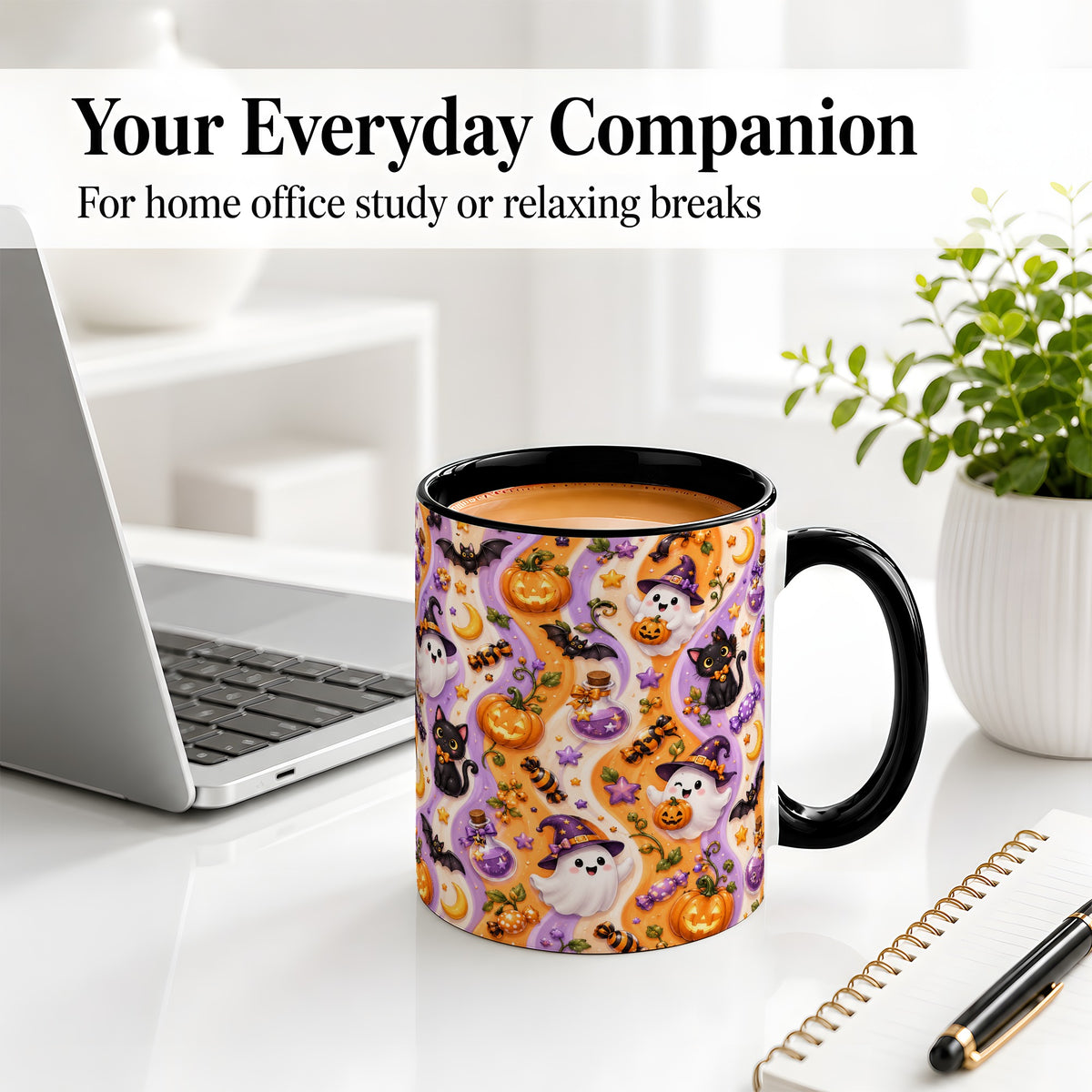 #pl[11oz|Black] Purple Halloween Ghost Cat Accent Mug, Mug with Pumpkin Pattern