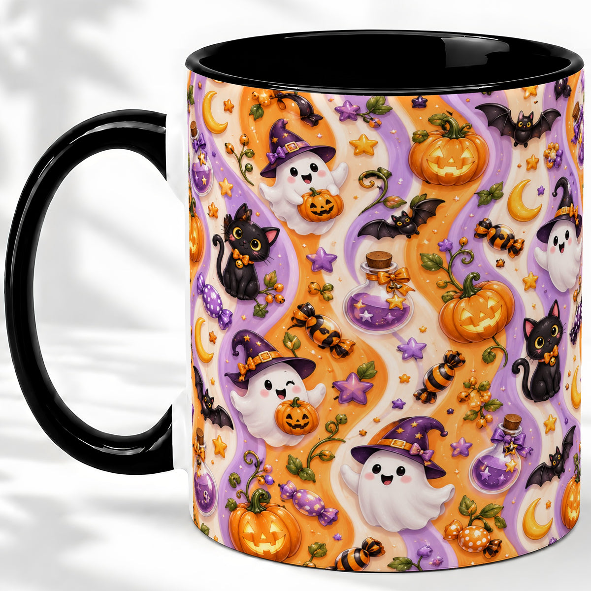 #pl[11oz|Black] Purple Halloween Ghost Cat Accent Mug, Mug with Pumpkin Pattern