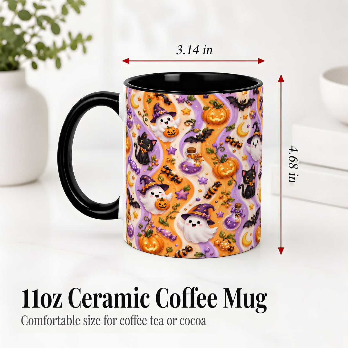 #pl[11oz|Black] Purple Halloween Ghost Cat Accent Mug, Mug with Pumpkin Pattern