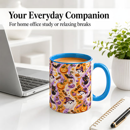 #pl[11oz|Blue] Purple Halloween Ghost Cat Accent Mug, Mug with Pumpkin Pattern