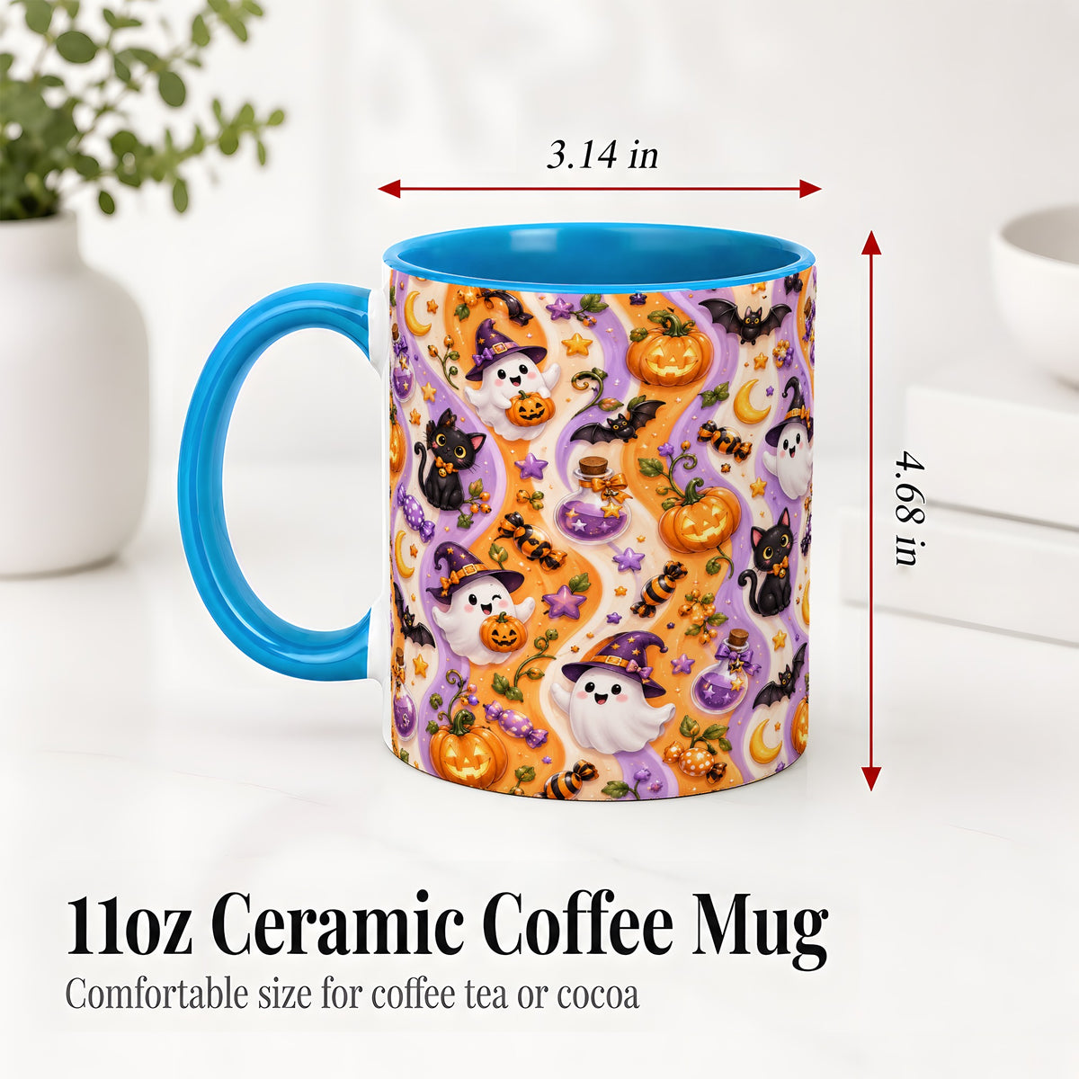 #pl[11oz|Blue] Purple Halloween Ghost Cat Accent Mug, Mug with Pumpkin Pattern