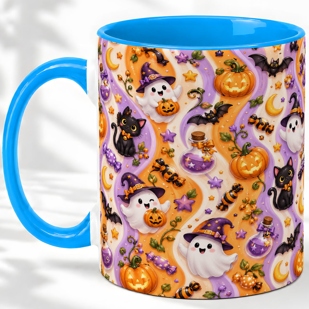 #pl[11oz|Blue] Purple Halloween Ghost Cat Accent Mug, Mug with Pumpkin Pattern