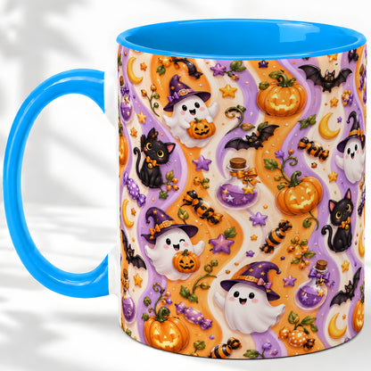 #pl[11oz|Blue] Purple Halloween Ghost Cat Accent Mug, Mug with Pumpkin Pattern