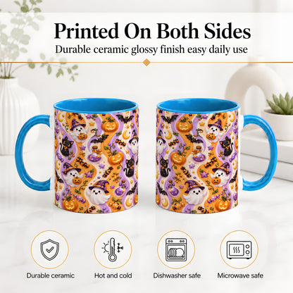#pl[11oz|Blue] Purple Halloween Ghost Cat Accent Mug, Mug with Pumpkin Pattern