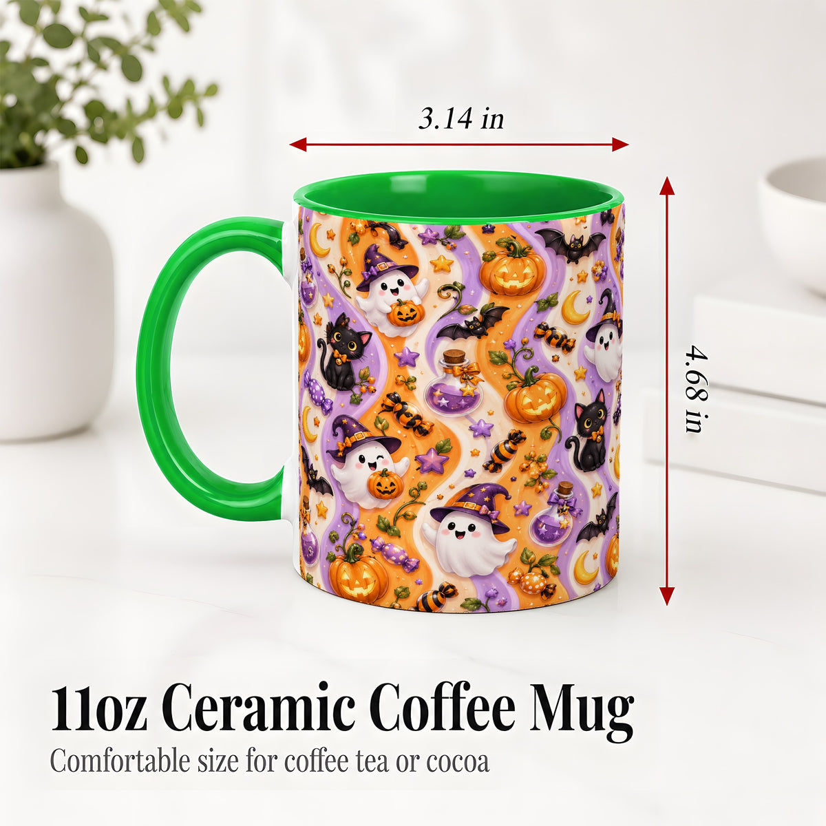 #pl[11oz|Green] Purple Halloween Ghost Cat Accent Mug, Mug with Pumpkin Pattern