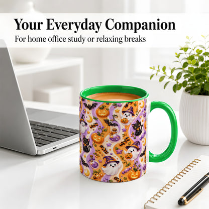 #pl[11oz|Green] Purple Halloween Ghost Cat Accent Mug, Mug with Pumpkin Pattern