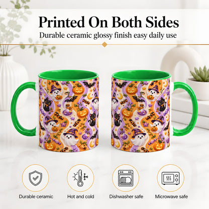 #pl[11oz|Green] Purple Halloween Ghost Cat Accent Mug, Mug with Pumpkin Pattern