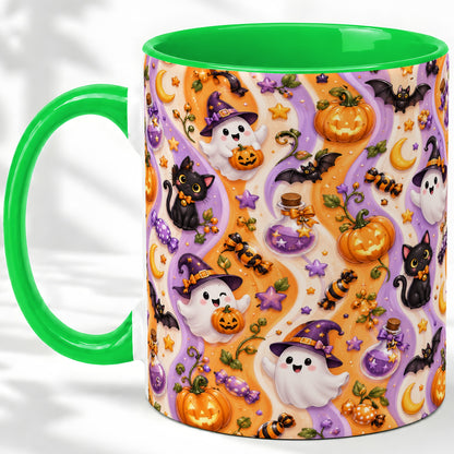 #pl[11oz|Green] Purple Halloween Ghost Cat Accent Mug, Mug with Pumpkin Pattern
