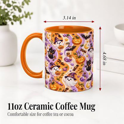 #pl[11oz|Orange] Purple Halloween Ghost Cat Accent Mug, Mug with Pumpkin Pattern