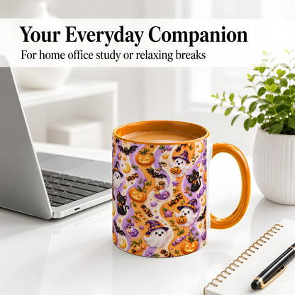 #pl[11oz|Orange] Purple Halloween Ghost Cat Accent Mug, Mug with Pumpkin Pattern