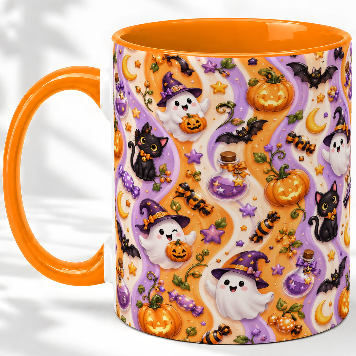 #pl[11oz|Orange] Purple Halloween Ghost Cat Accent Mug, Mug with Pumpkin Pattern