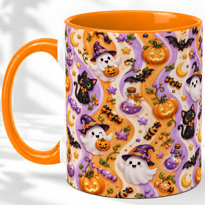 #pl[11oz|Orange] Purple Halloween Ghost Cat Accent Mug, Mug with Pumpkin Pattern