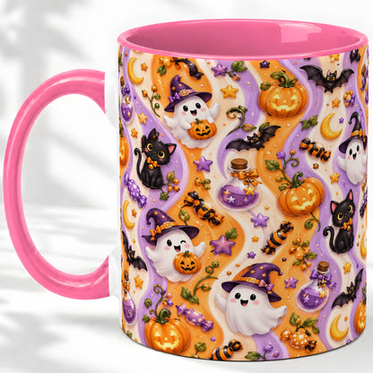 #pl[11oz|Pink] Purple Halloween Ghost Cat Accent Mug, Mug with Pumpkin Pattern