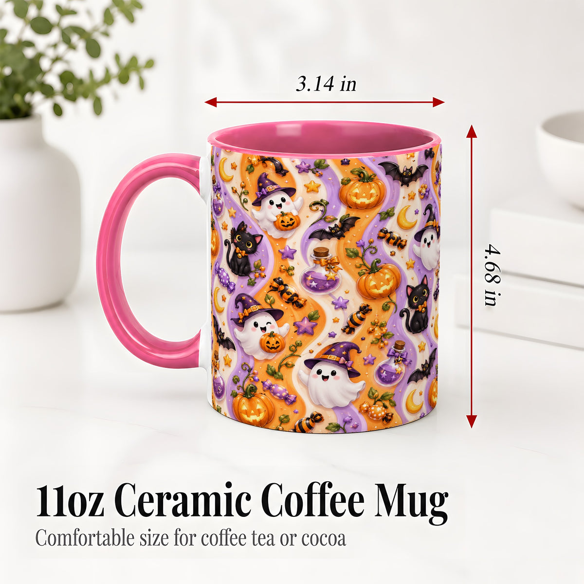 #pl[11oz|Pink] Purple Halloween Ghost Cat Accent Mug, Mug with Pumpkin Pattern