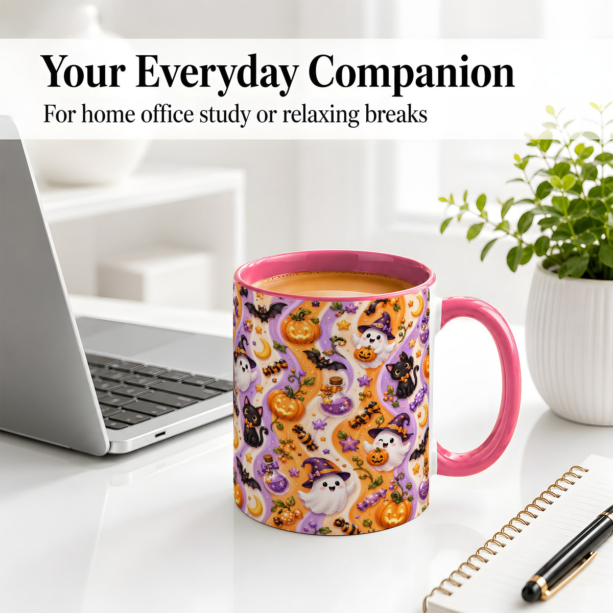 #pl[11oz|Pink] Purple Halloween Ghost Cat Accent Mug, Mug with Pumpkin Pattern