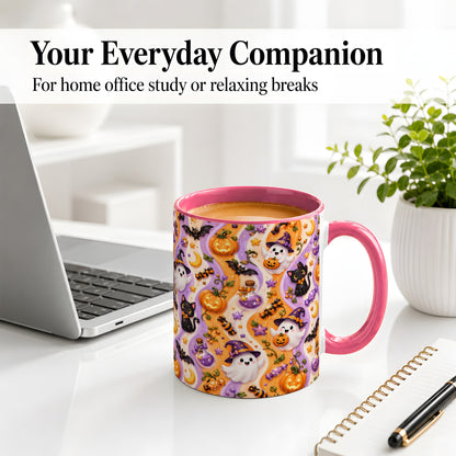 #pl[11oz|Pink] Purple Halloween Ghost Cat Accent Mug, Mug with Pumpkin Pattern