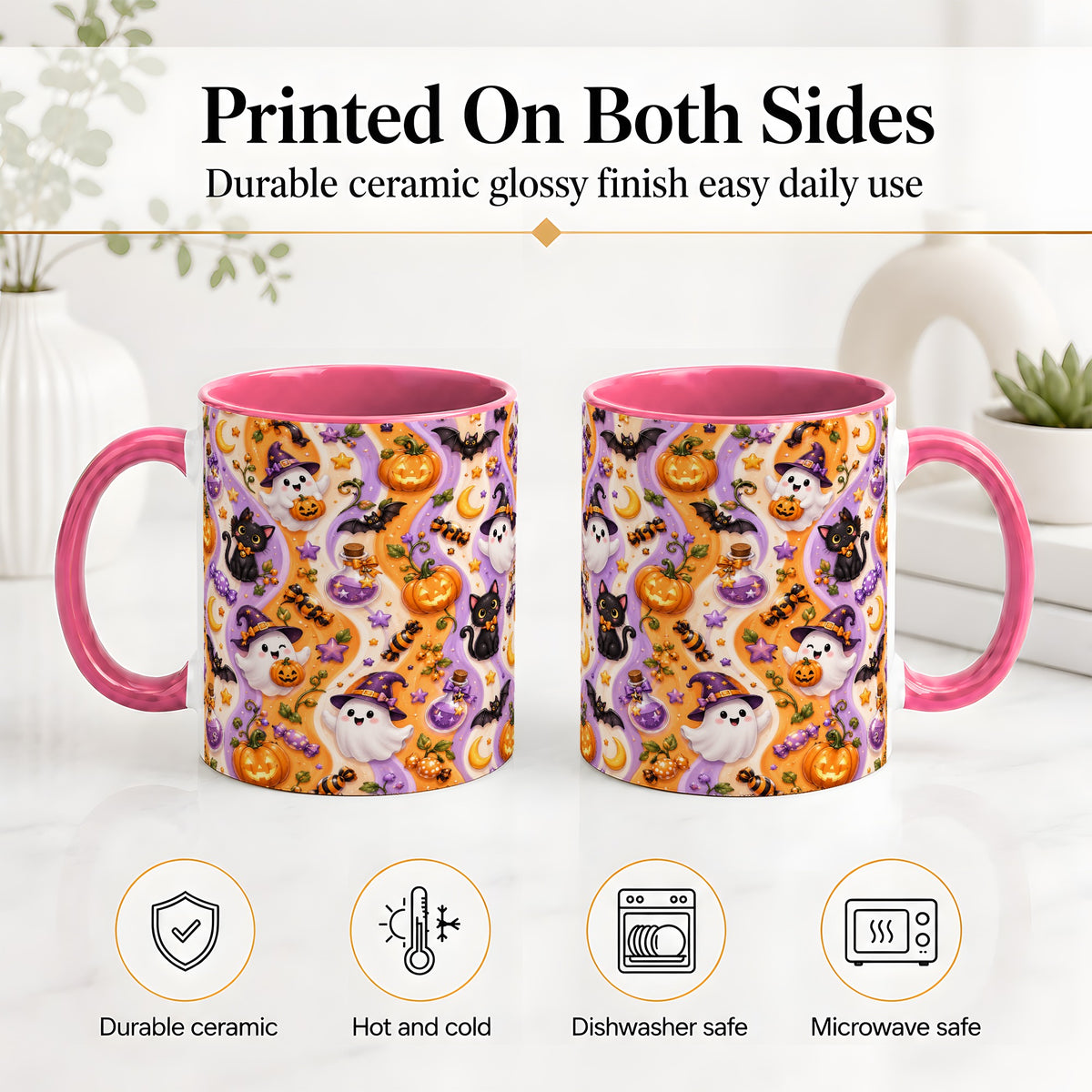 #pl[11oz|Pink] Purple Halloween Ghost Cat Accent Mug, Mug with Pumpkin Pattern