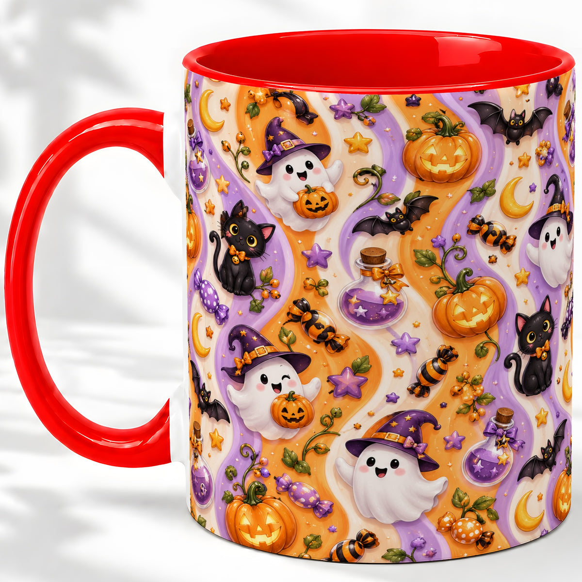 Purple Halloween Ghost Cat Accent Mug, Mug with Pumpkin Pattern