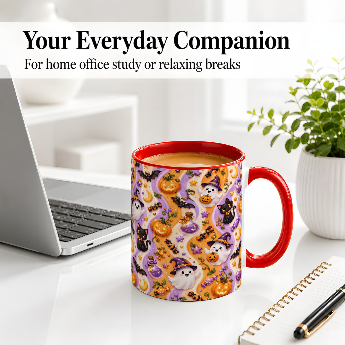 #pl[11oz|Red] Purple Halloween Ghost Cat Accent Mug, Mug with Pumpkin Pattern
