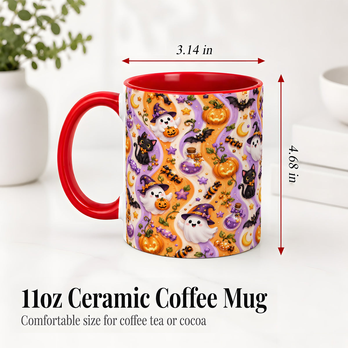 #pl[11oz|Red] Purple Halloween Ghost Cat Accent Mug, Mug with Pumpkin Pattern