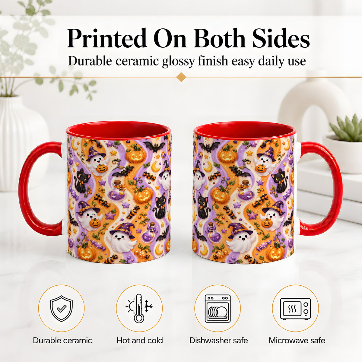 #pl[11oz|Red] Purple Halloween Ghost Cat Accent Mug, Mug with Pumpkin Pattern