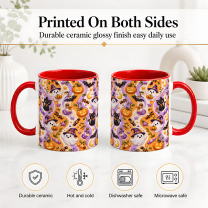 #pl[11oz|Red] Purple Halloween Ghost Cat Accent Mug, Mug with Pumpkin Pattern