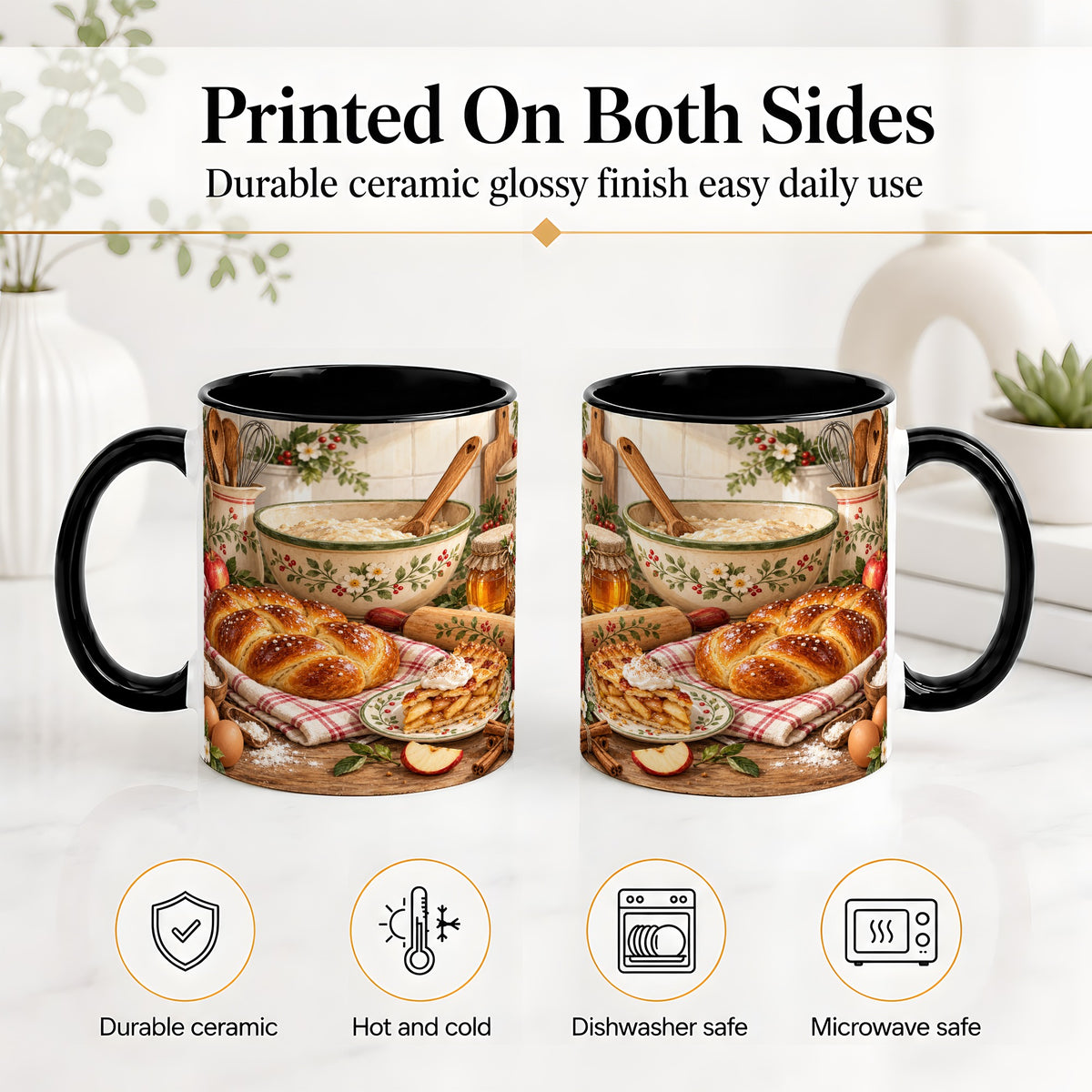 #pl[11oz|Black] Farmhouse Baking Accent Mug, Mug with Apple Pie Kitchen Artwork