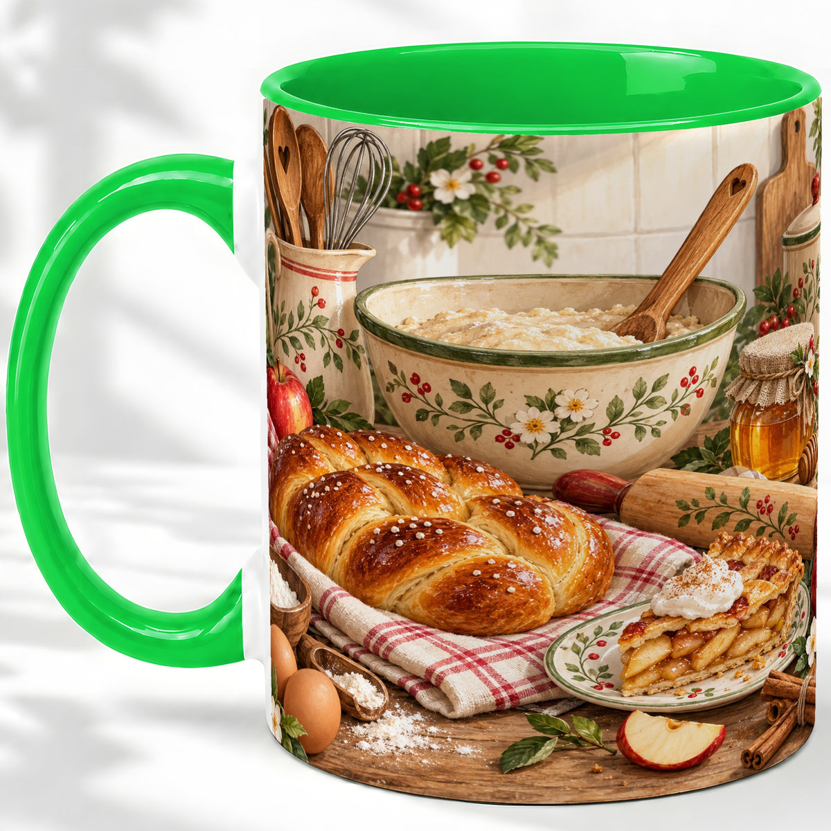 #pl[11oz|Green] Farmhouse Baking Accent Mug, Mug with Apple Pie Kitchen Artwork