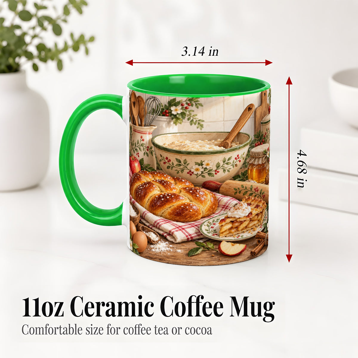 #pl[11oz|Green] Farmhouse Baking Accent Mug, Mug with Apple Pie Kitchen Artwork
